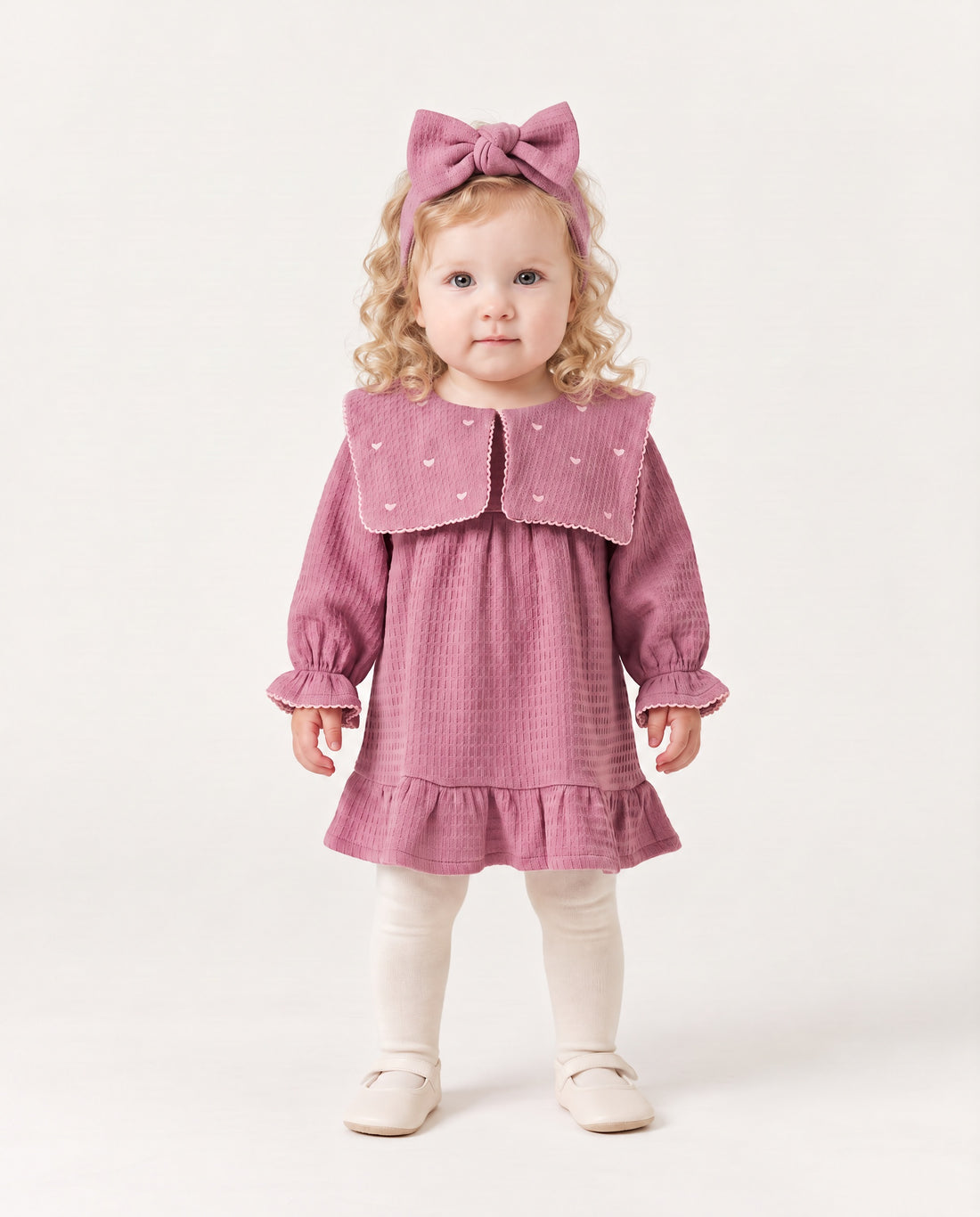 Baby girls’ dusky pink waffle dress and matching bow headband set