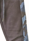 Navy sweatpants with a camouflage pattern on the side pocket against a white background