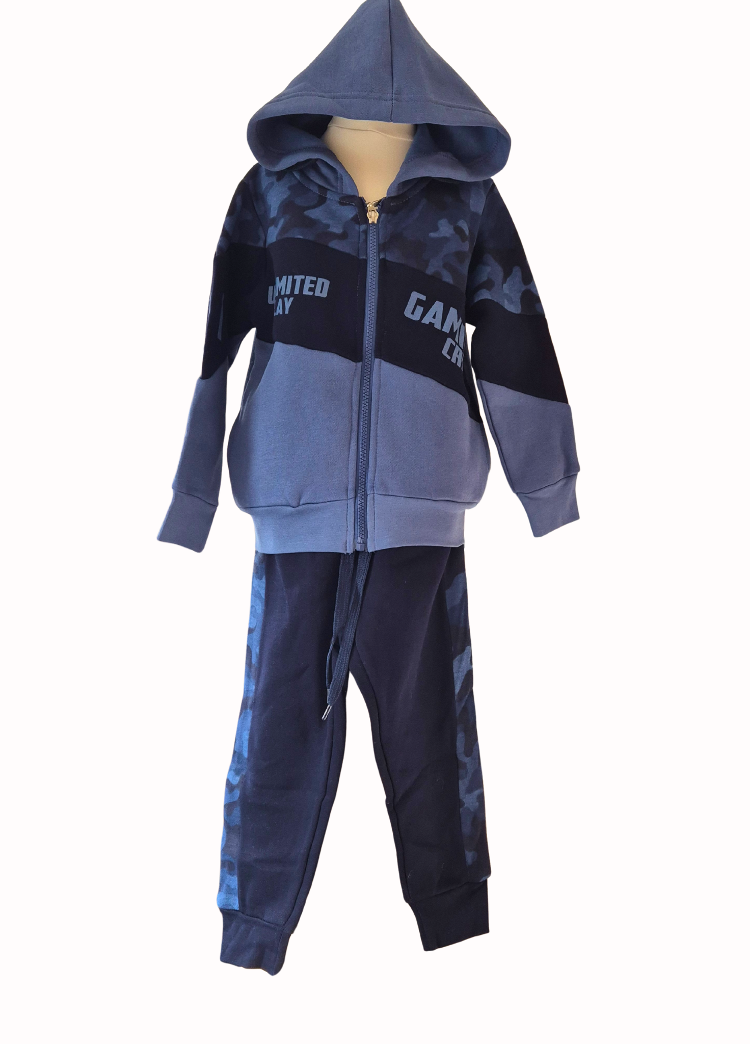 Blue and navy tracksuit with hood on a white background