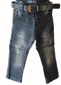 Distressed black jeans with a belt on a white background