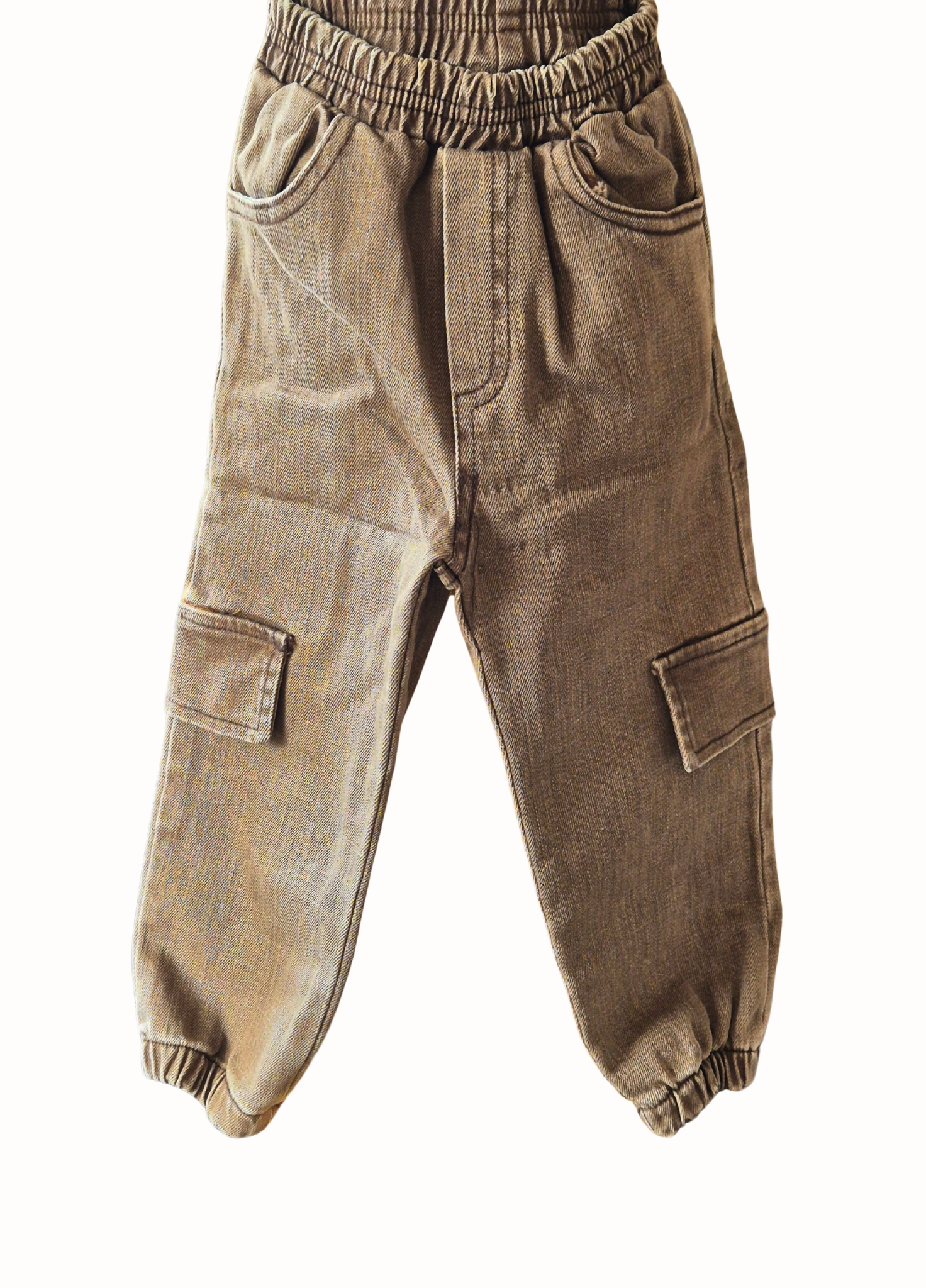 Brown denim jogger pants on a white background