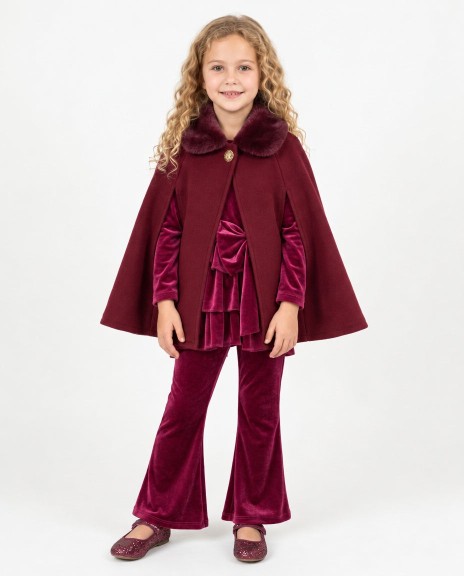 Girls’ burgundy faux fur collar cape