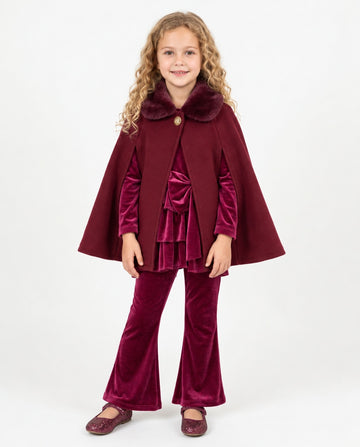 Girls’ burgundy faux fur collar cape