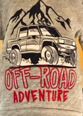 Gray t-shirt with an off-road vehicle graphic and 'Off-Road Adventure' text on a yellow background