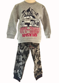 Children's outfit with gray sweatshirt and camouflage pants featuring 'Off-Road Adventure' text on a white background.