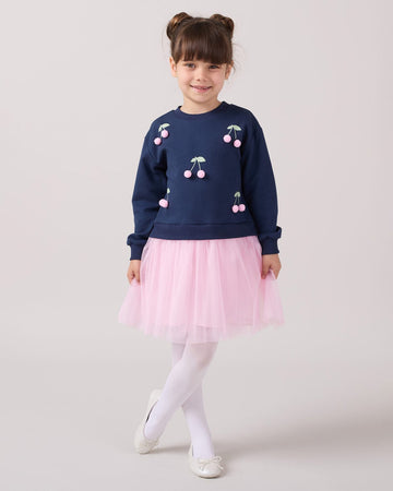 Girls Cherry Pom Pom Dress with Tutu Net Skirt