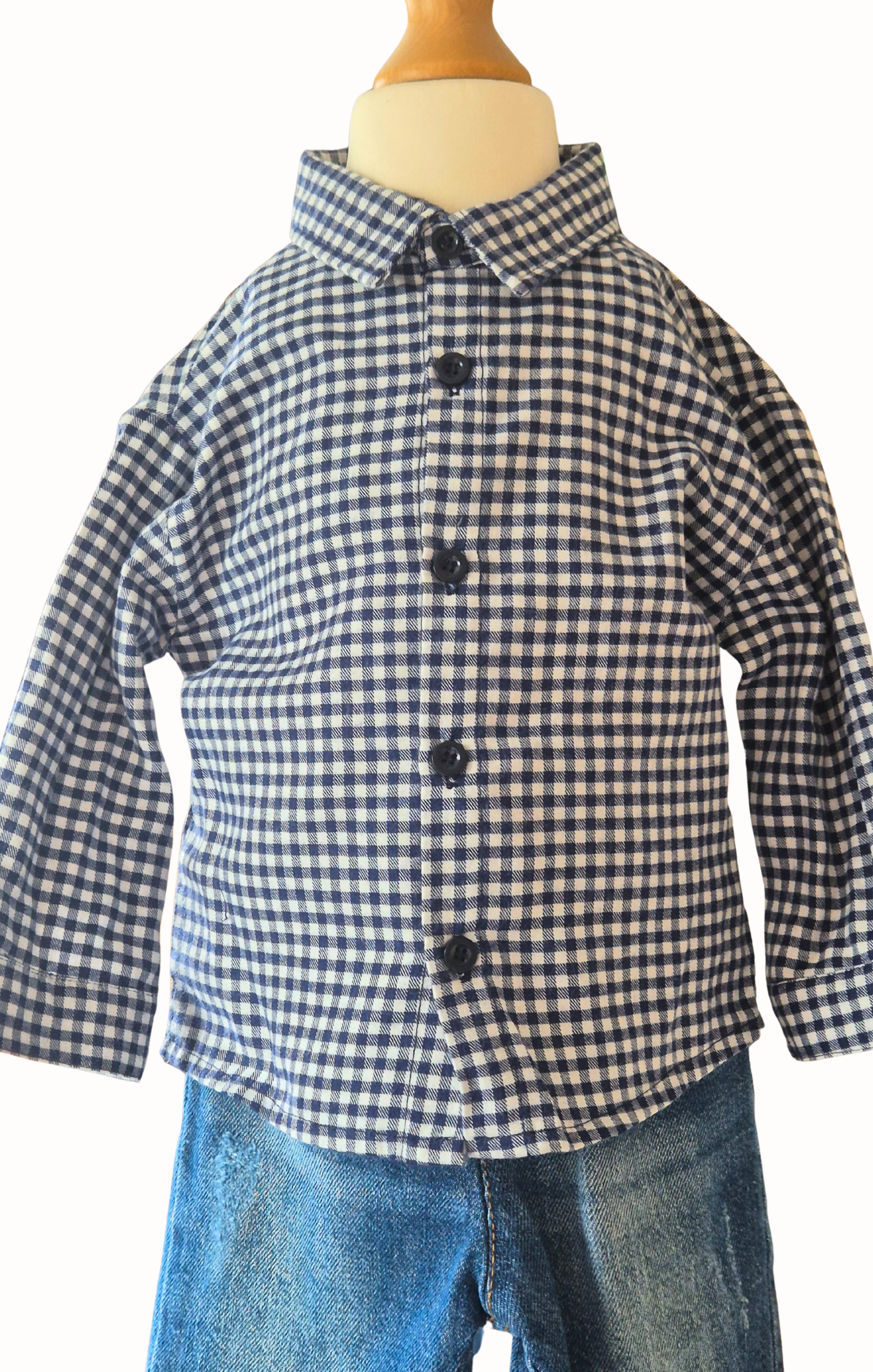 Blue and white checkered shirt on a mannequin with jeans