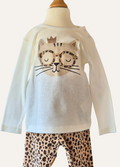 Girls 3 piece set with cat graphic, animal print leggings and faux fur gillet