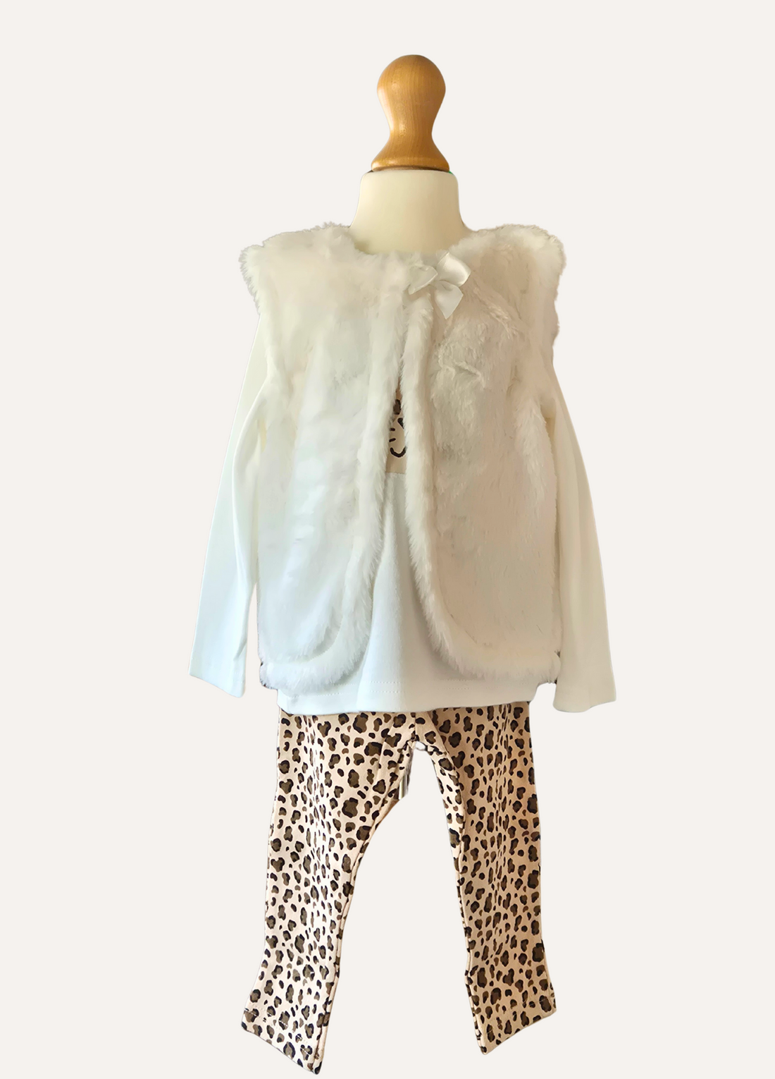 Girls 3 piece cat and animal print set with faux fur gillet