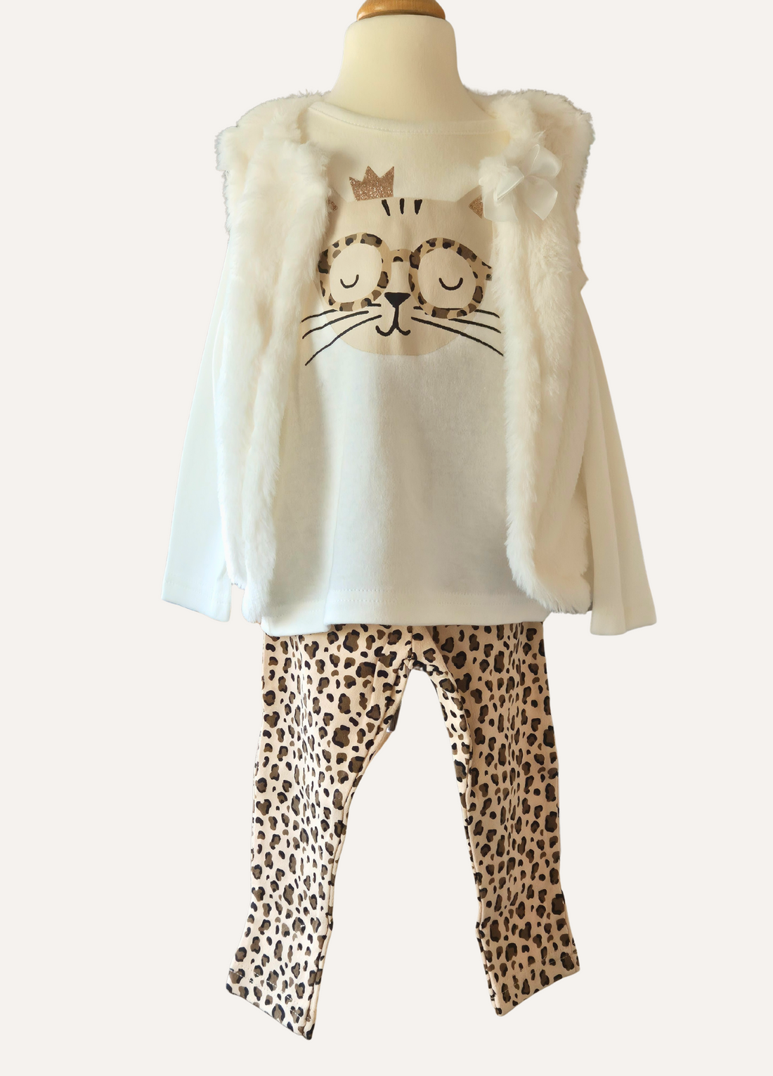 Girls 3 piece cat and animal print set with faux fur gillet
