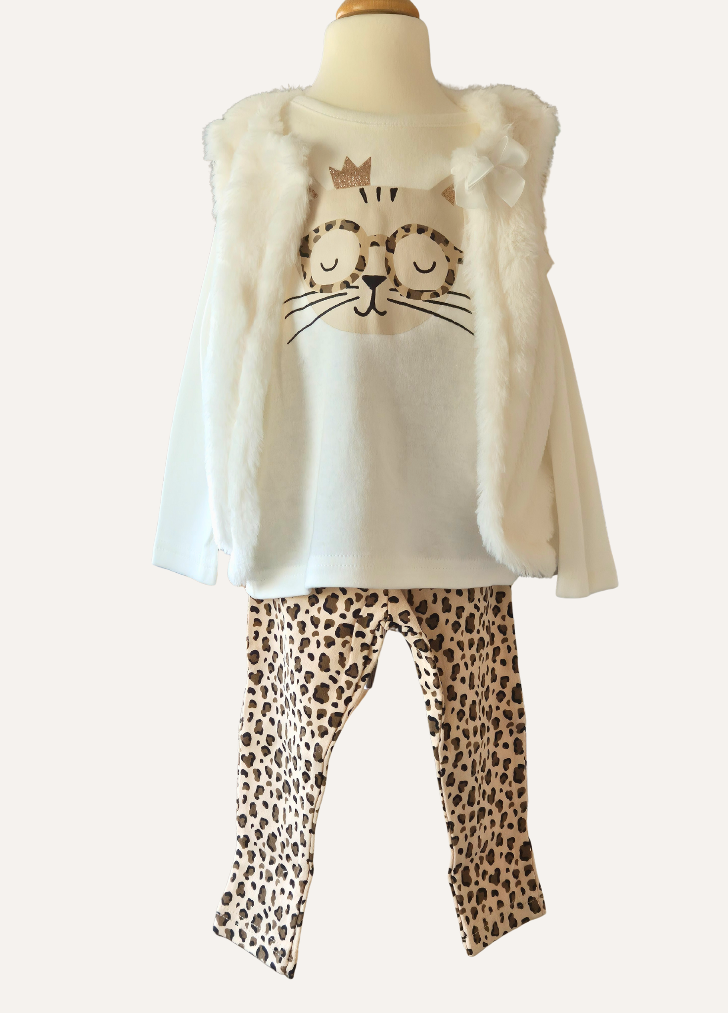 Girls 3 piece cat and animal print set with faux fur gillet