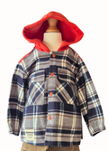 Plaid shirt with orange hood on a mannequin against a white background