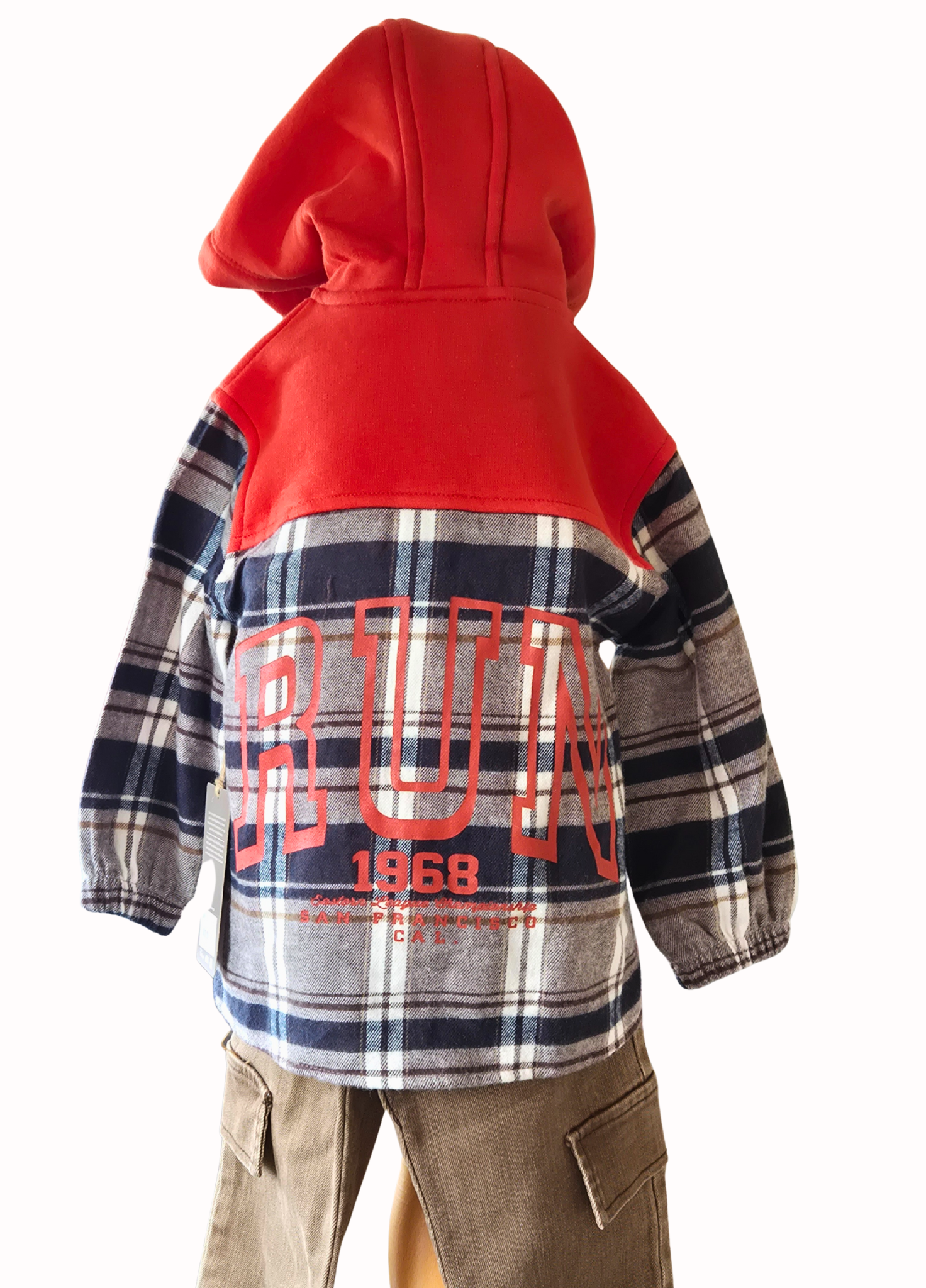 Orange hooded shirt with plaid pattern and 'RUN 1968' text on a white background