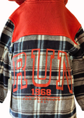 Plaid shirt with orange hood and 'RUN' text on a white background