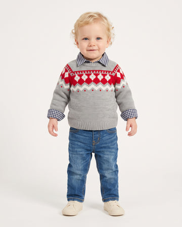 Baby boys’ jeans, gingham shirt and knitted jumper three-piece set by Cumino Kids