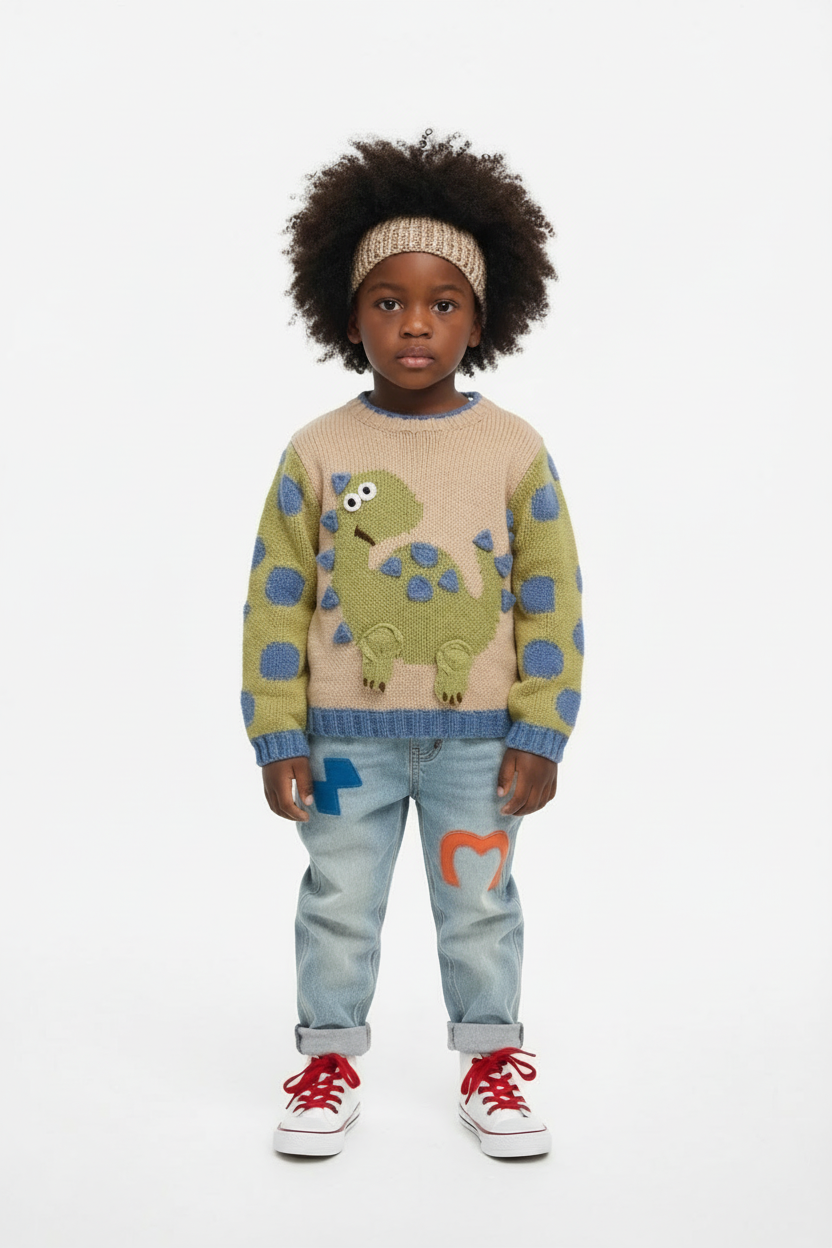 Child wearing a sweater with dinosaur design on a white background