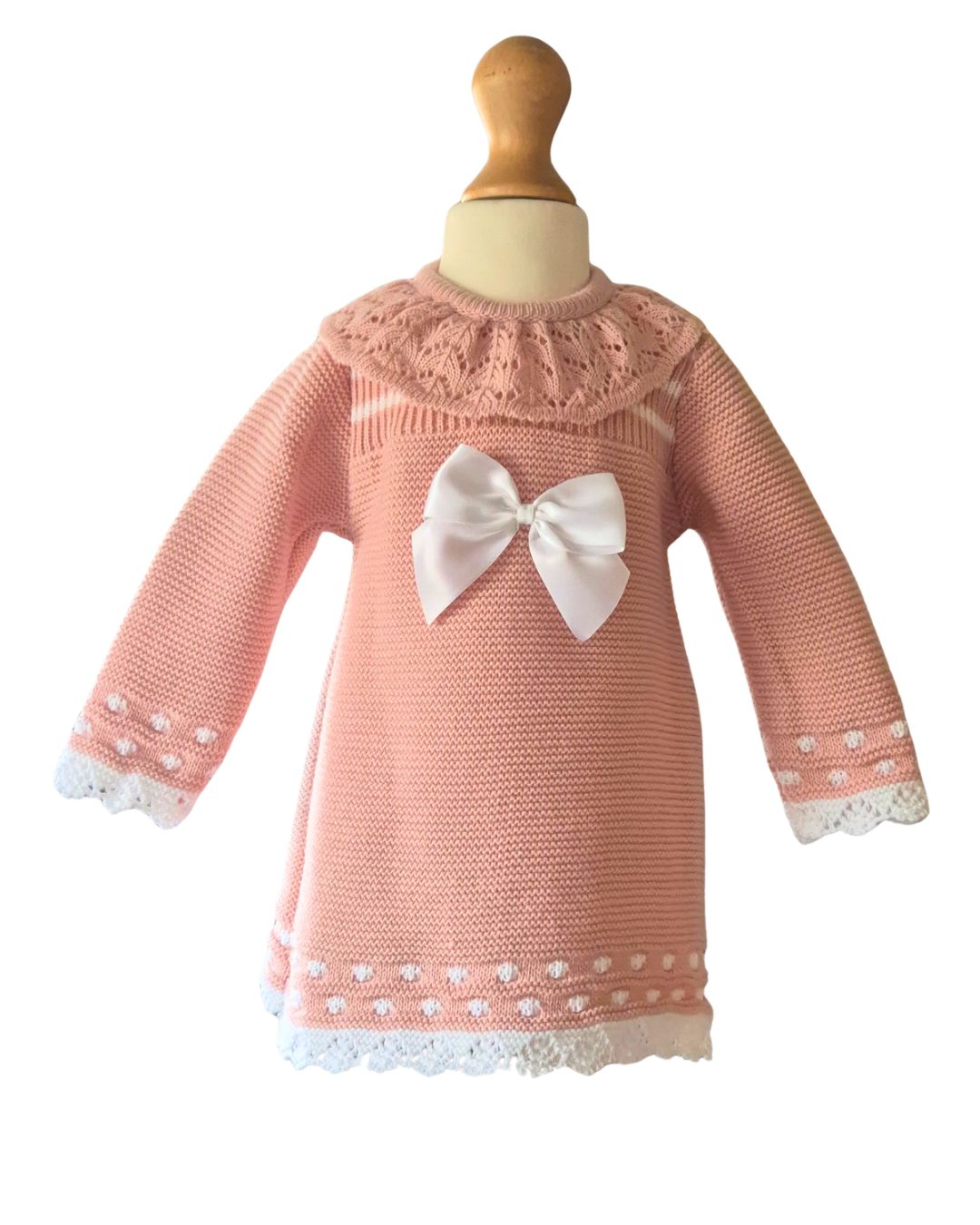 Baby girls’ dusky pink knitted dress and shrug set with white lace details