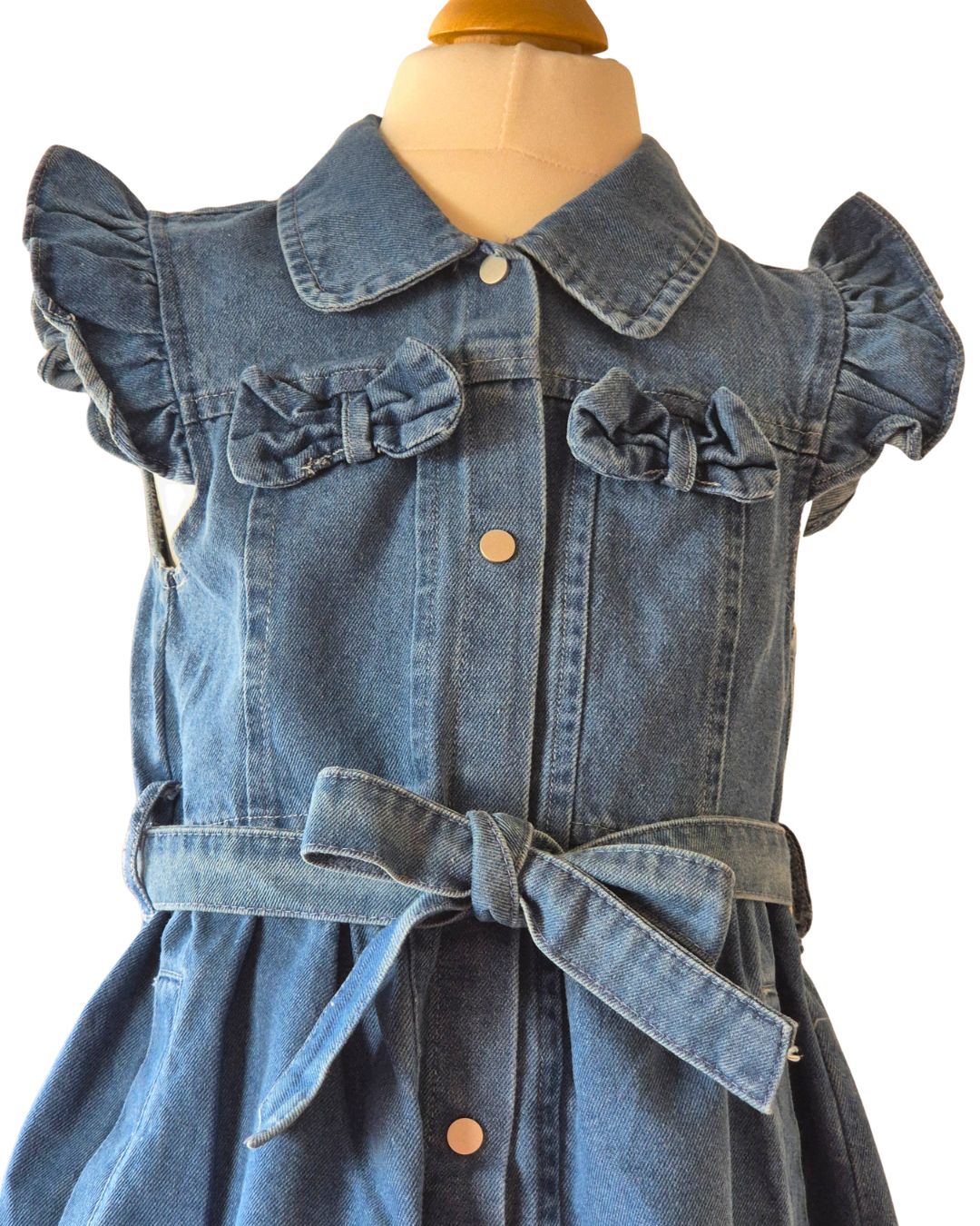 Toddler denim dress with collar and bows