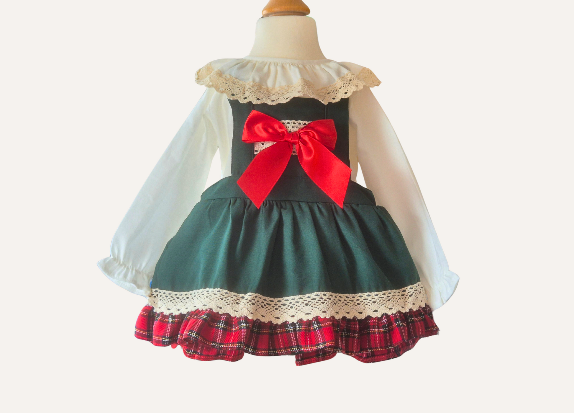 Children's Spanish dress with plaid skirt and red bow 