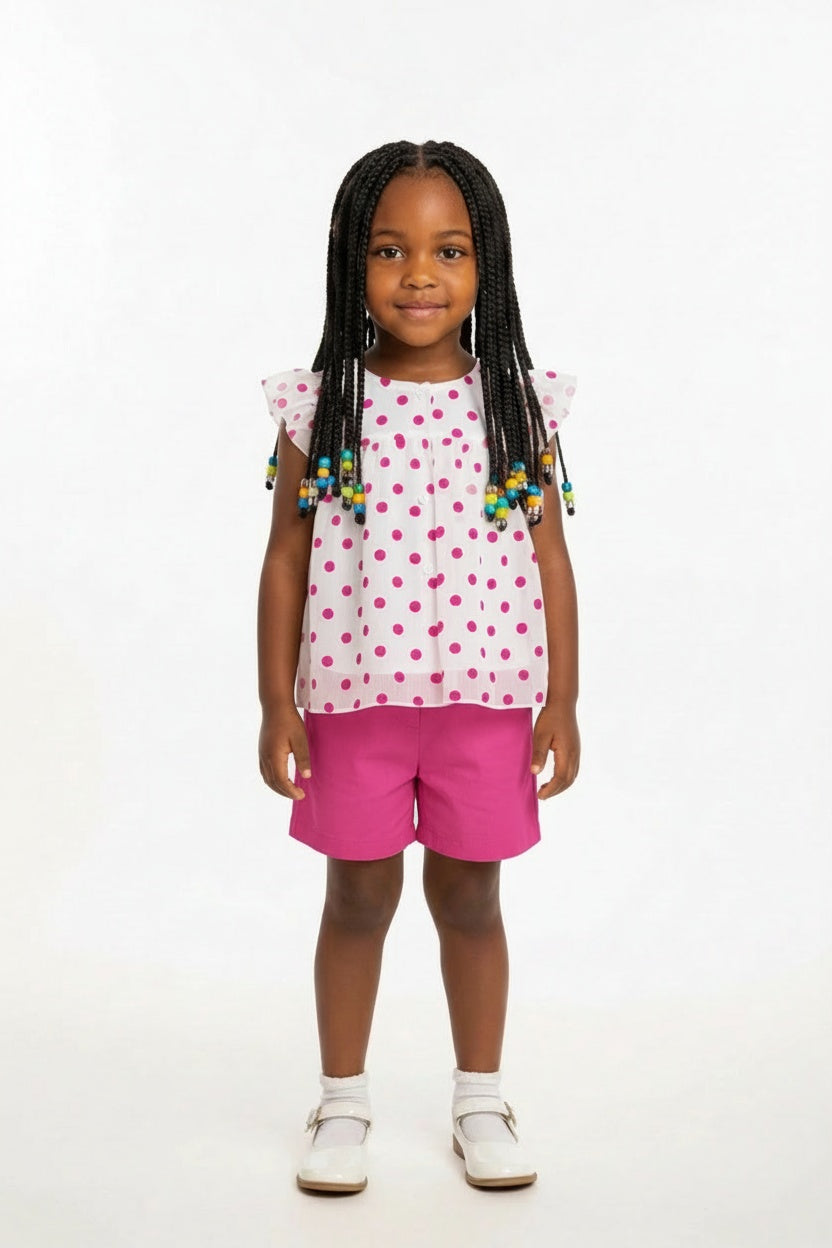Girls summer outfit with cerise pink shorts and polka dot top