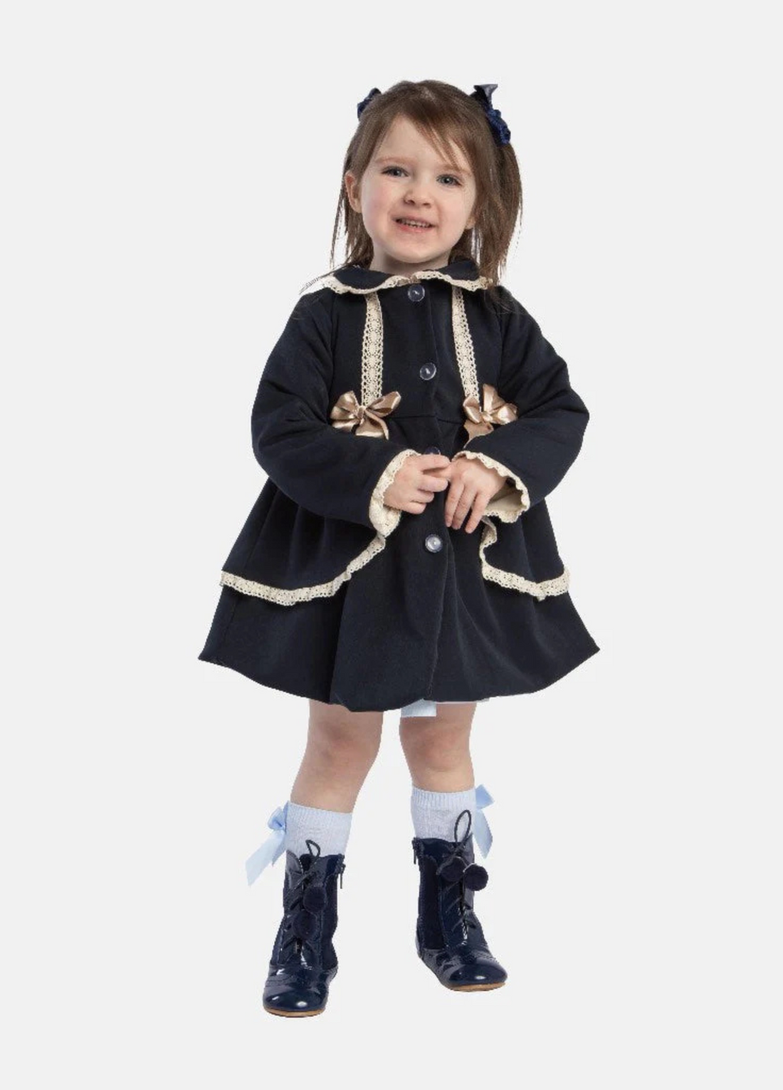 Girls Navy Blue and Beige Double bow with lace trim spanish coat