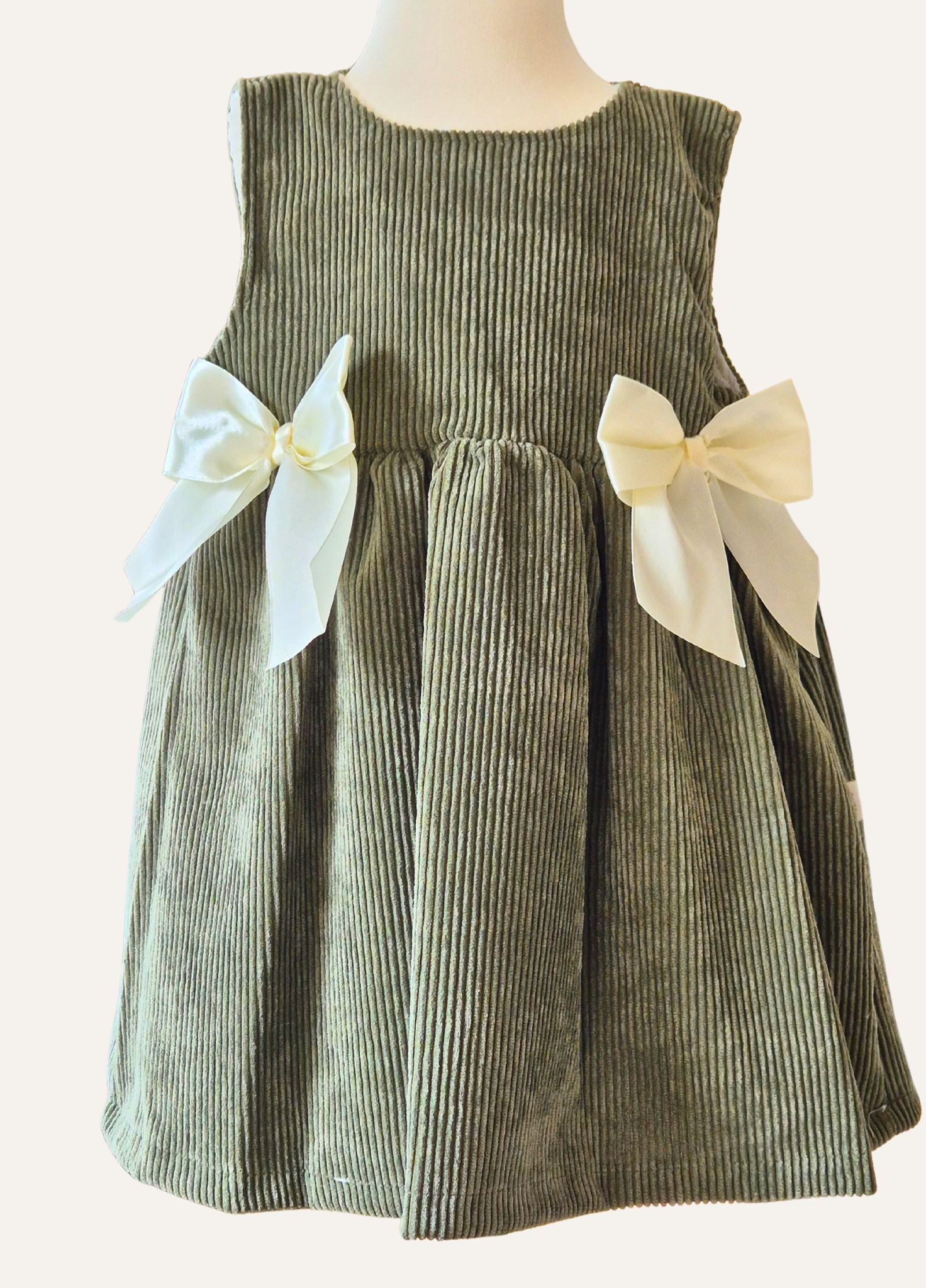 Girls Spanish Olive Green Pinafore dress with cream bows