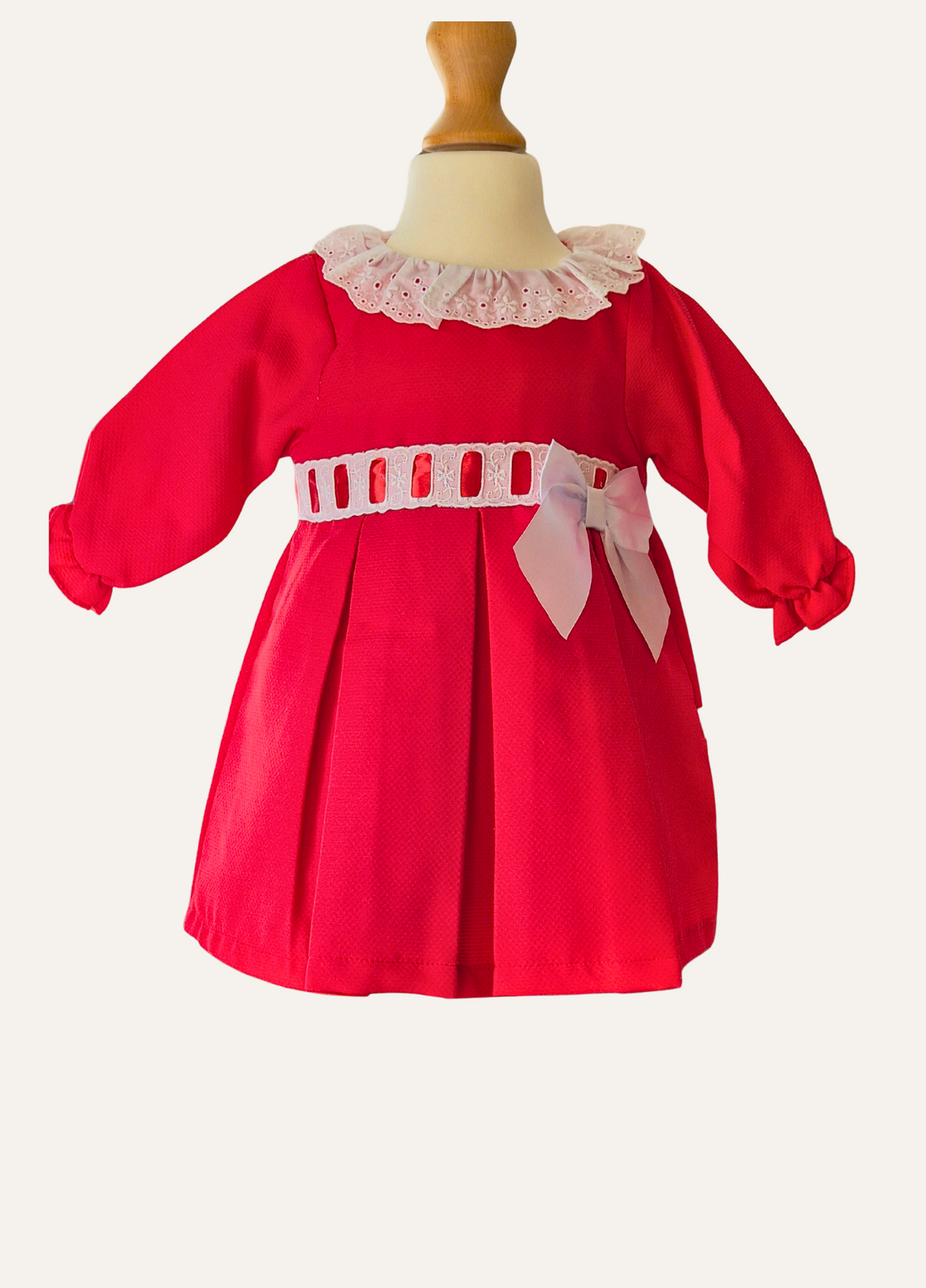 Girls Spanish red dress with white lace collar and ribbon