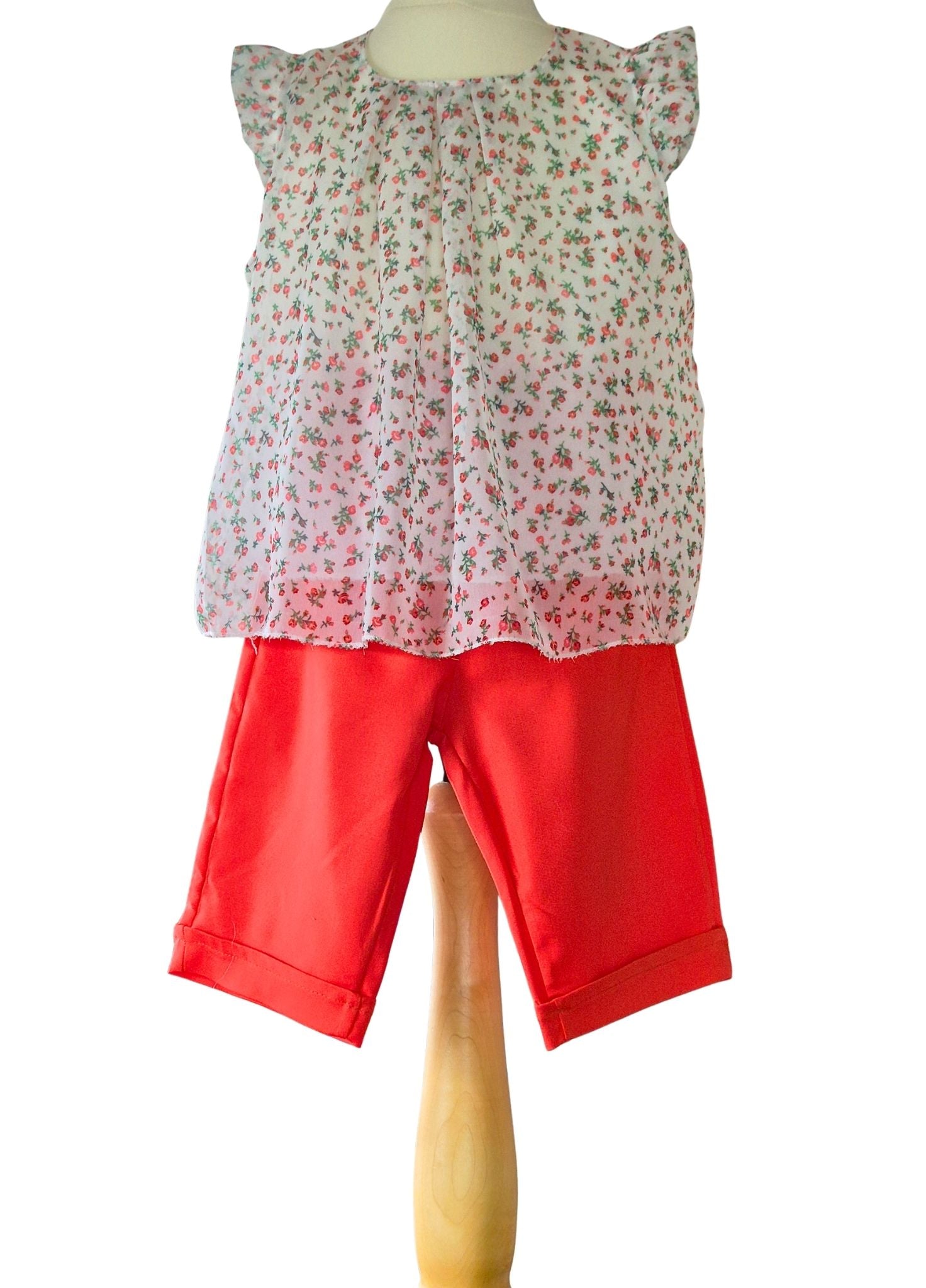 Girls red and white summer outfit with floral floaty top