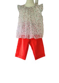 Girls white floral top and  red knee length shorts set