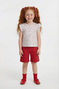 Girls red knee-length shorts and white floral top summer outfit ages 2–5