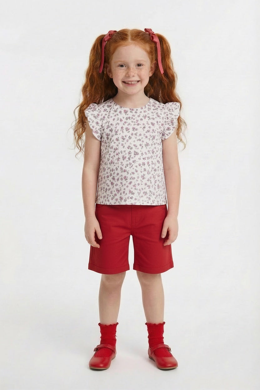 Girls red knee-length shorts and white floral top summer outfit ages 2–5