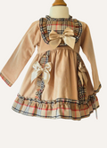 Girls Spanish Beige dress with plaid accents and large bows and frills 