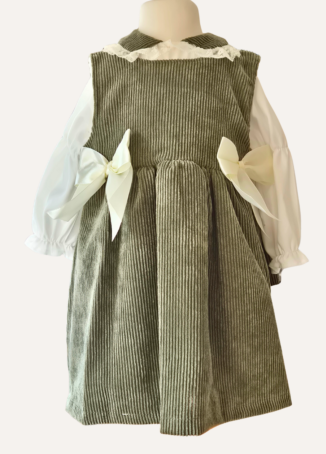 Girls Spanish Olive cord Pinafore dress with ribbons and matching blouse set