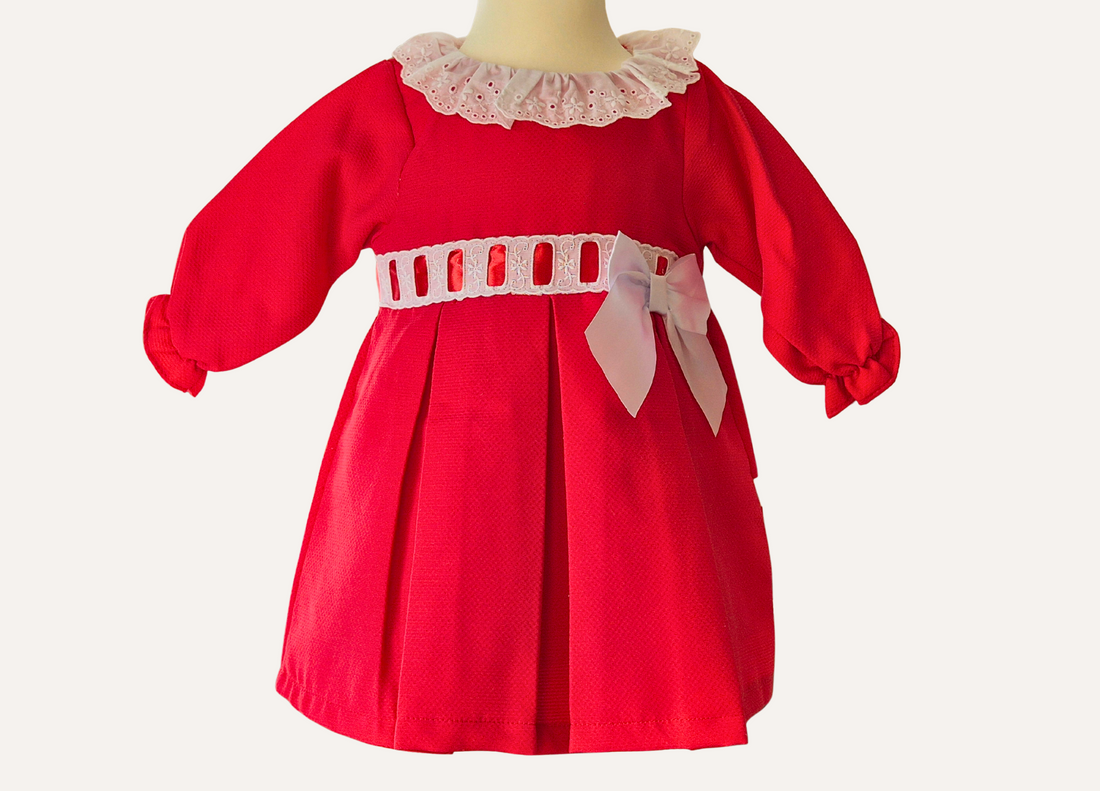Girls Spanish red dress with white lace collar and ribbon