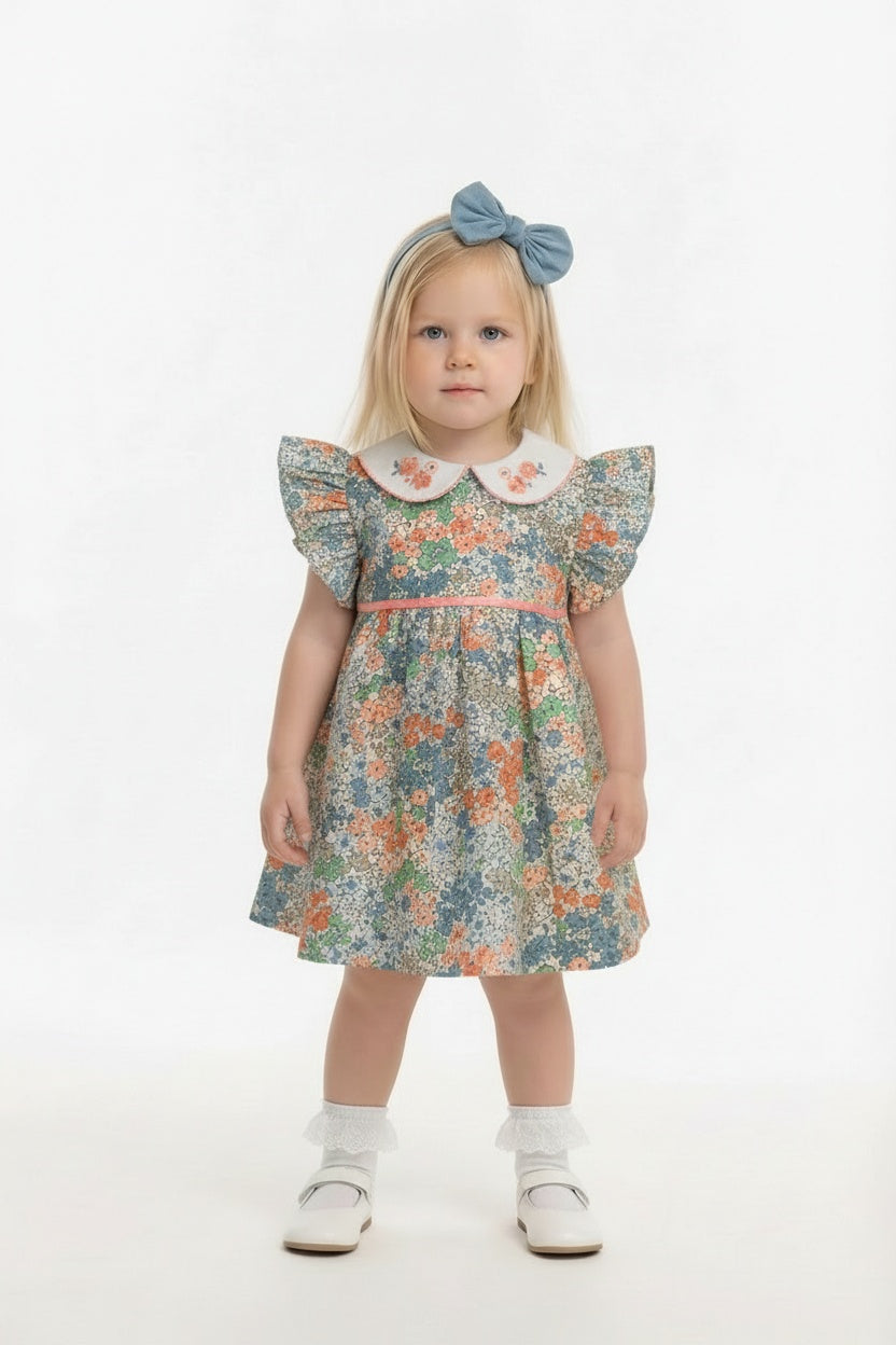 baby girls green and coral floral dress with headband and knickers