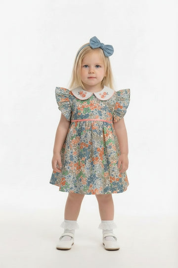 baby girls green and coral floral dress with headband and knickers