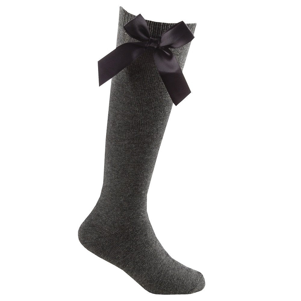 Gray knee-high sock with a black bow on a white background