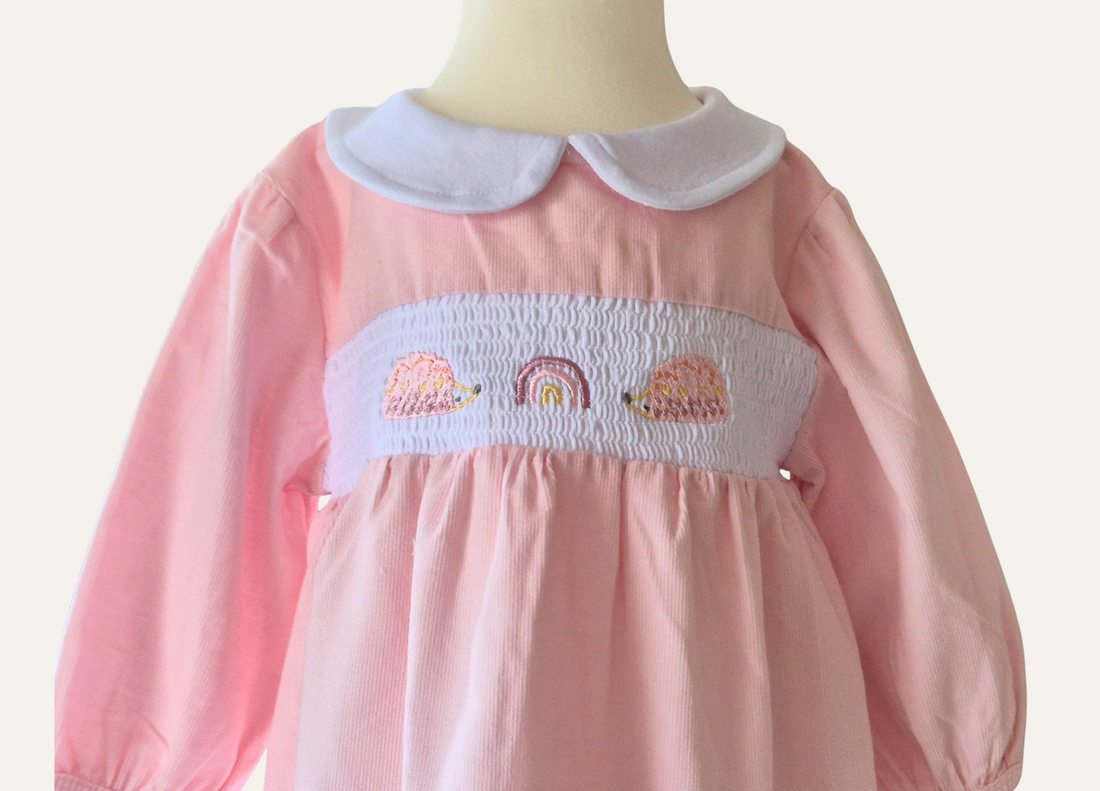 Girls pink 3 piece set with smocked dress, headband and matching tights