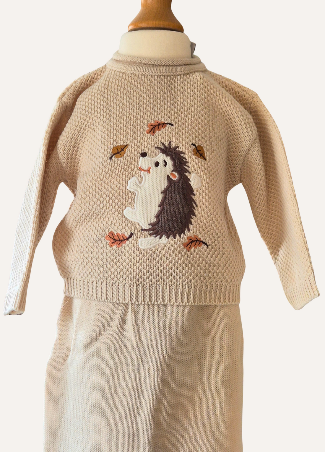 Beige knitted baby two piece set with hedgehog design from Dandelion