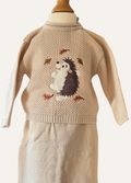 Beige knitted unisex baby two piece set from Dandelion featuring a hedgehog