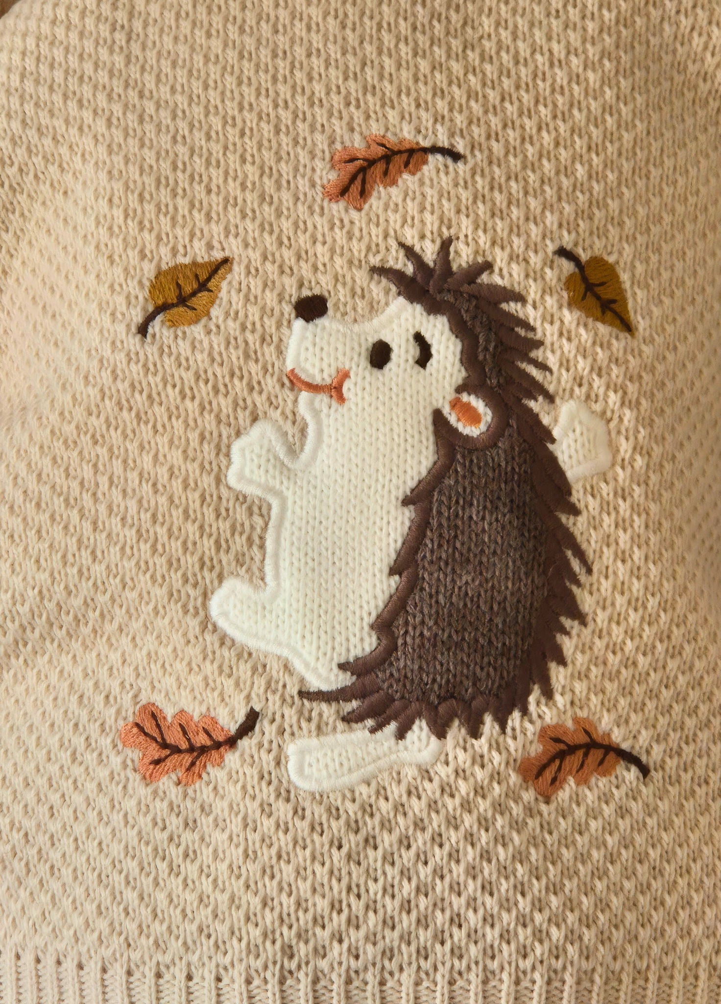 Close up of hedgehog design on the 2 piece knitted set from Dandelion