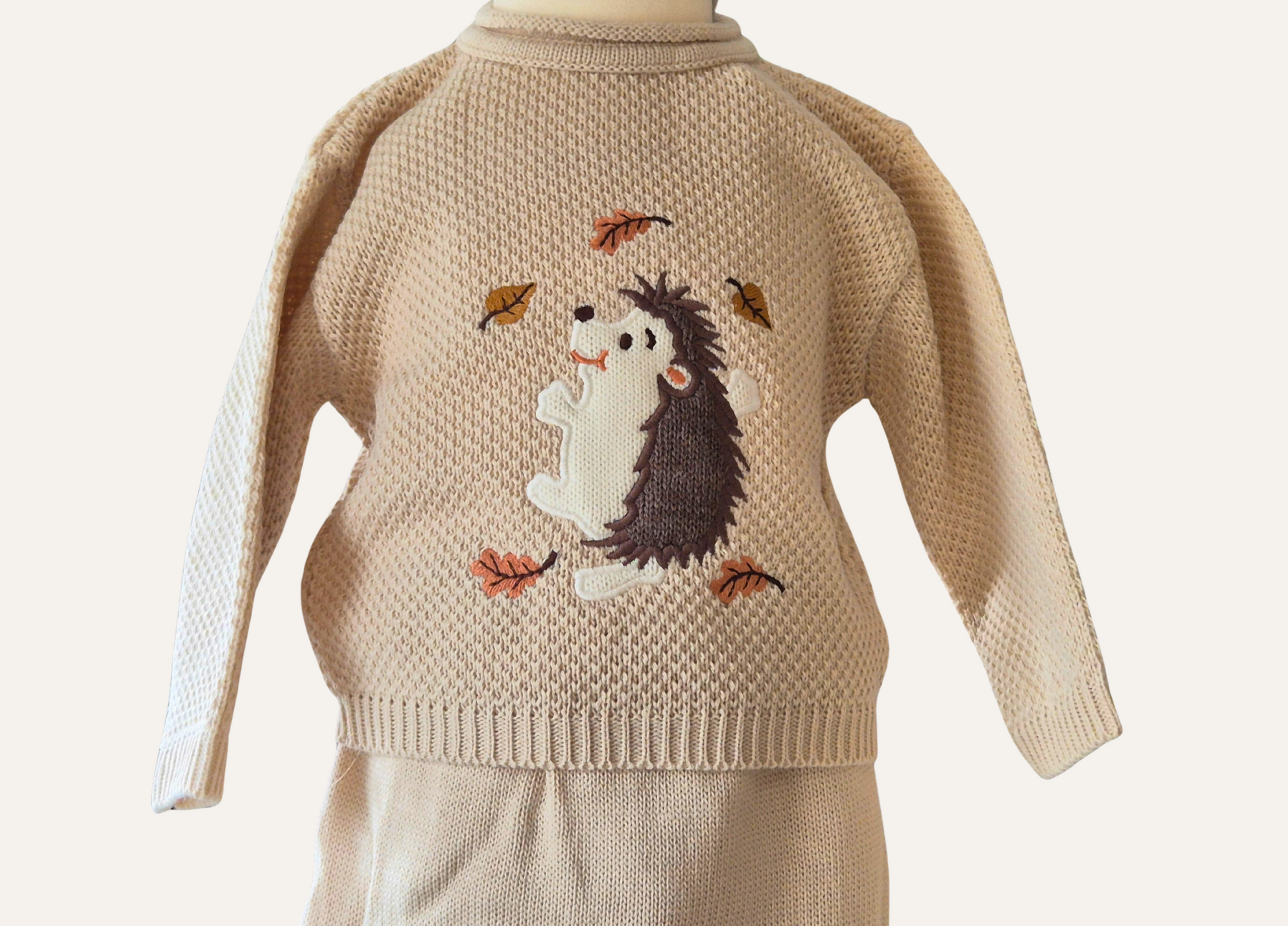 Knitted unisex baby set from dandelion featuring a hedgehog