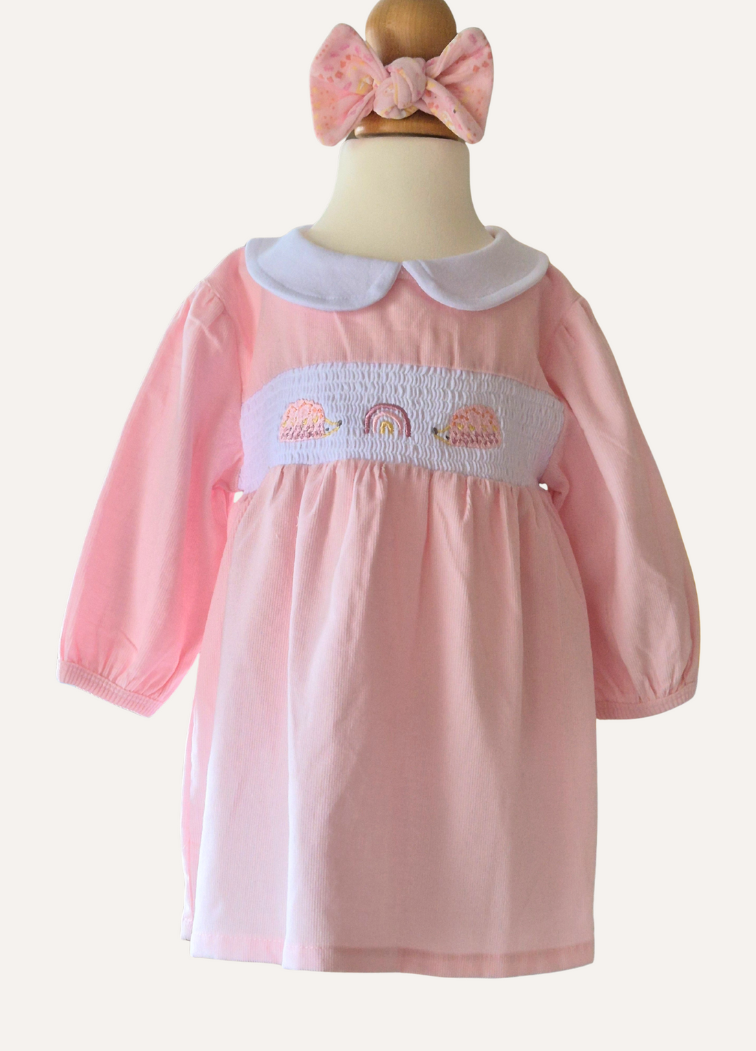 Girls pink 3 piece set with smocked dress, headband and matching tights