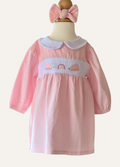 Girls pink 3 piece set with smocked dress, headband and matching tights