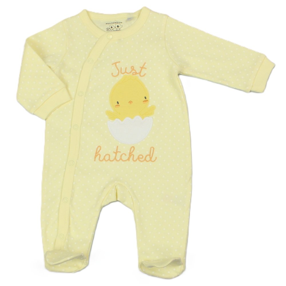 Yellow baby onesie with chick design and 'Just hatched' text on a white background