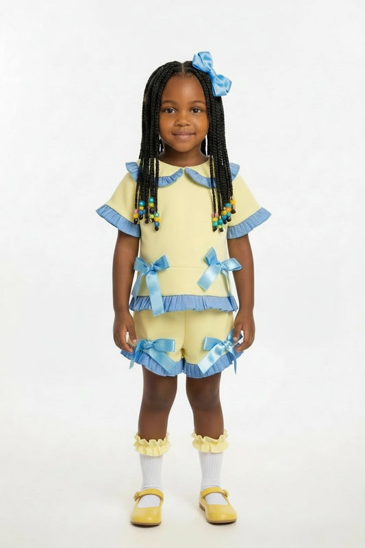 girls lemon frill shorts and top set with blue bows