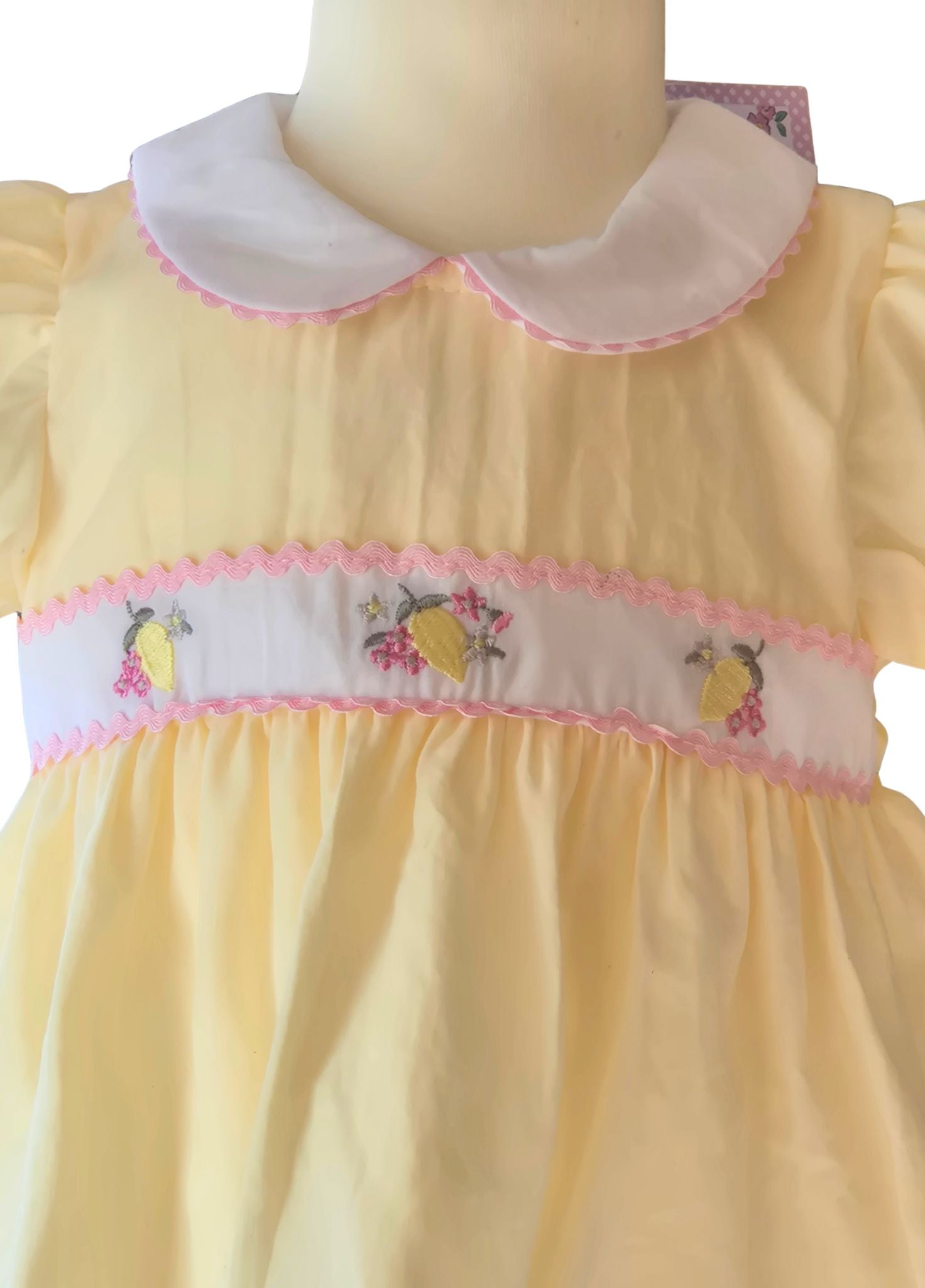 Close up of embroidered lemons and pink flowers on baby girls puff sleeved lemon dress set
