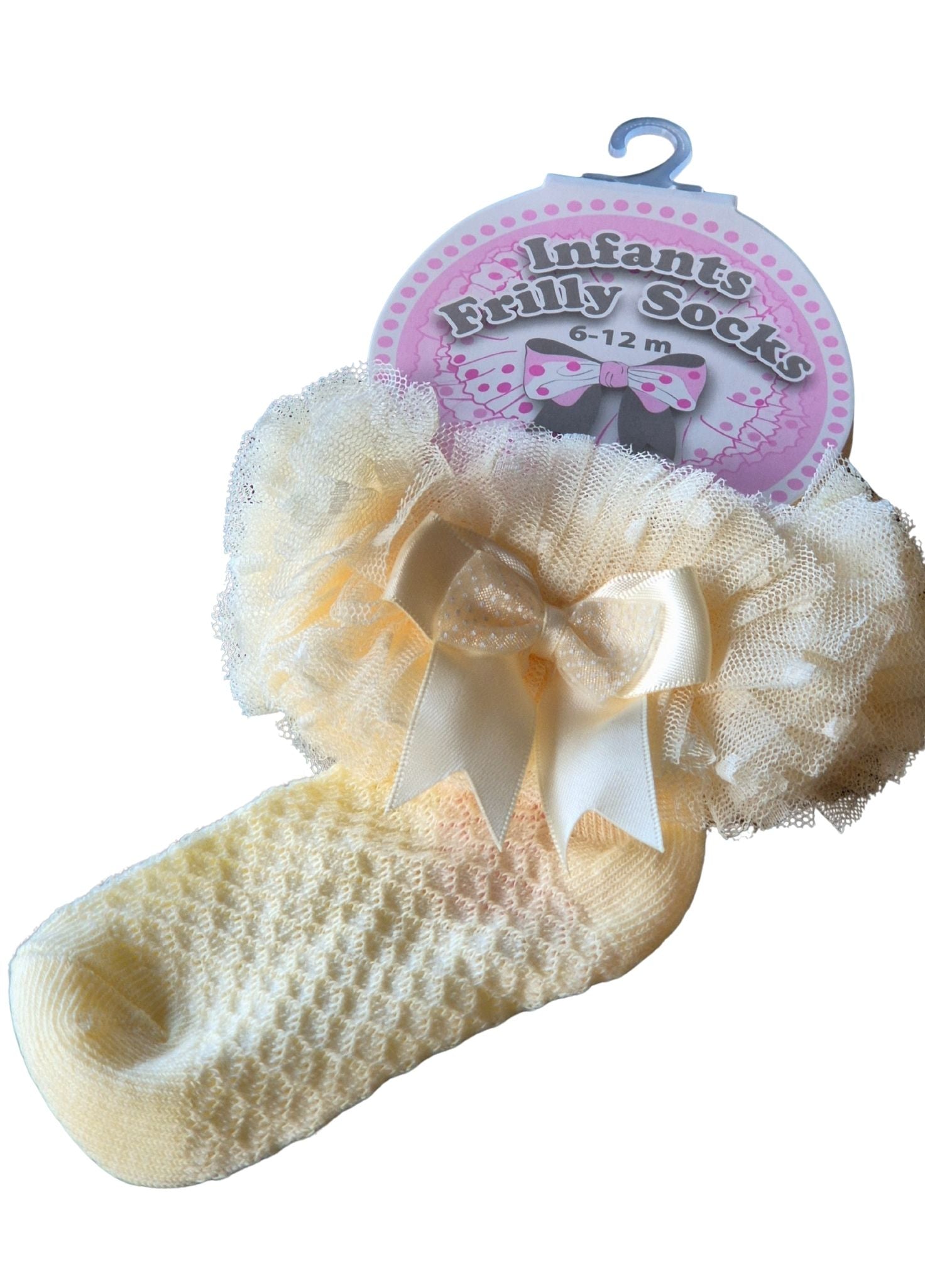 Lemon infants' tulle socks with a bow on a white background