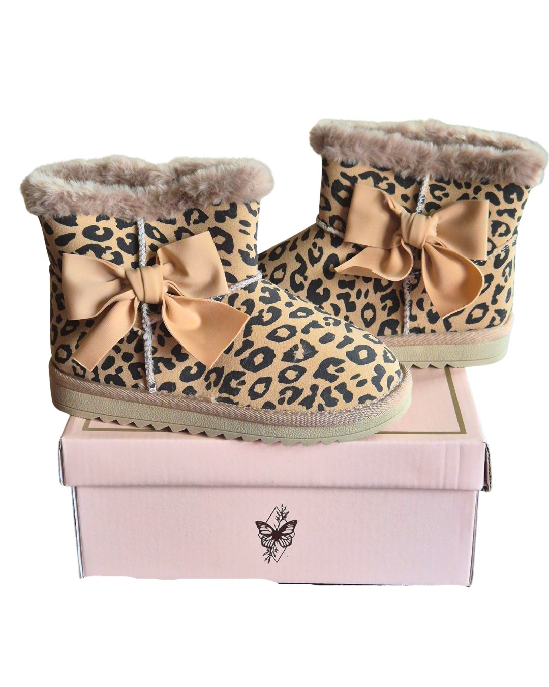 Girls leopard print boots with beige ribbon bow