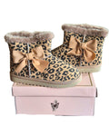 Girls leopard print boots with beige ribbon bow